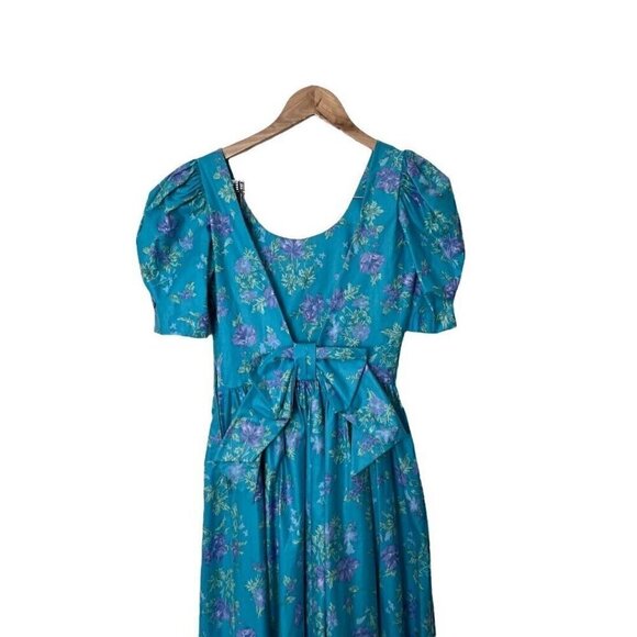 Vintage Laura Ashley Teal Floral Cottage Core Bow Back Dress US 6 2 UK 8 - Picture 6 of 8